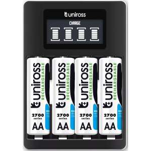 UNIROSS AA akkumulátortöltő 4 db AA 2700 mAh-s újratölthető akkumulátorral - Uniross