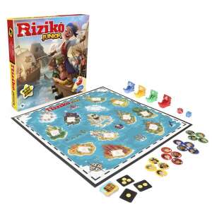 Hasbro Rizikó Junior társasjáték, a játéktábla, a darabok és a kockák láthatók - Hasbro