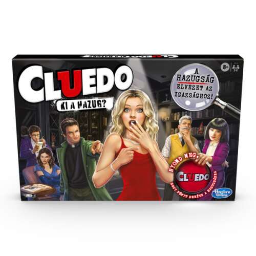 Hasbro Cluedo Liars Edition társasjáték doboza, egy vörös ruhás meglepett nővel, nagyítóval és a 'A hazugság elvezet az igazsághoz!' felirattal.