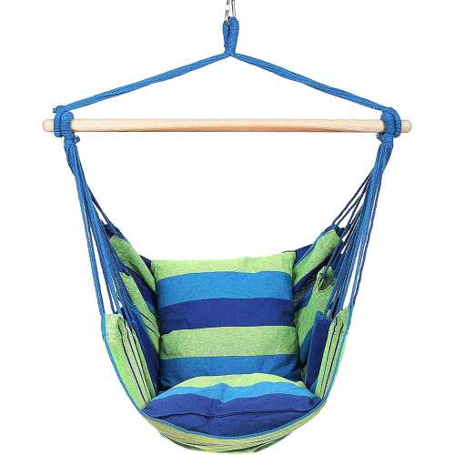 Pepita single hanging chair with cushions, blue and green striped, for indoor and outdoor use