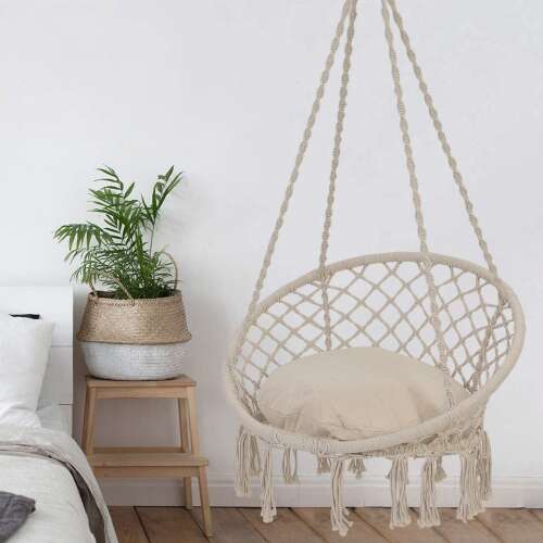 Pepita Macrame Hanging Chair with Cushion, Beige, indoor outdoor use