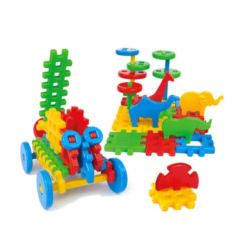 Marionex Waffle Mix 50 darabos építő készlet, színes műanyag építőkockák gyerekeknek, kerekekkel és állatfigurákkal