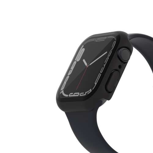 Belkin SCREENFORCE TemperedCurve 2-w-1 hartowane szkło ochronne na ekran + bumper do Apple Watch Series 7 - czarny, widok z boku zegarka ze szkłem ochronnym i bumperem