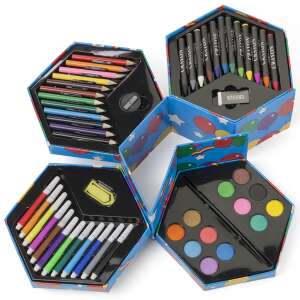 56 darabos rajz és festő készlet kék dobozban, tartalmaz színes ceruzákat, zsírkrétákat, filctollakat, festőkorongokat, ecsetet, hegyezőt, radírt, gémkapcsokat - Toll & Ceruza