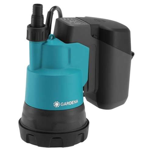 Gardena 2000/2 18V P4A cordless submersible pump for clean water, blue and black, angled view