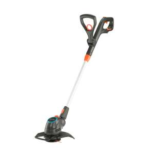 Gardena ComfortCut P4A 23/18V Cordless Grass Trimmer, black and orange, angled view - Garden