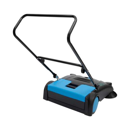 Ručný zametač Detoolz 800mm 30L MS80-A, šikmý pohľad, zobrazujúci rukoväť a modrú zbernú nádobu