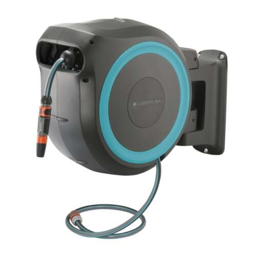 Gardena RollUp M/L Wall-Mounted Hose Reel, gray-blue, automatic hose retraction, 25m hose, easy to use, space-saving
