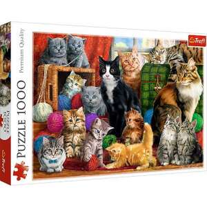 Trefl 1000-teiliges Puzzle, Katzen-Treffen, zeigt eine Gruppe Katzen und Kätzchen, die mit Wollknäueln spielen - Puzzle