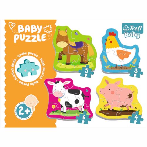 Trefl 4v1 Baby Puzzle - Súprava hospodárskych zvierat, ktorá obsahuje puzzle s koňom, kuracím mäsom, kravou a prasaťom