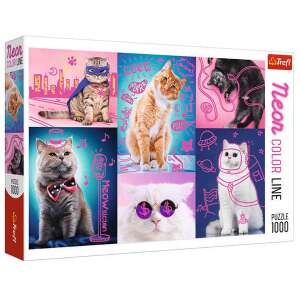 Trefl Neon Color Line Puzzle - Super Cats 1000 pieces, featuring six funny cats in different poses and costumes - Puzzle