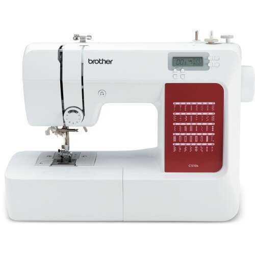 Brother CS10S sewing machine, white with red accents, front view