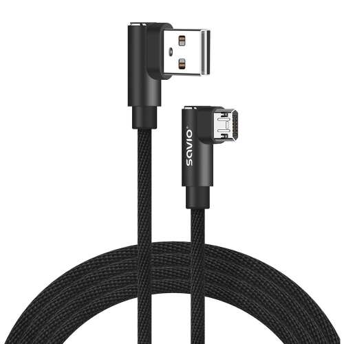 Savio USB-A auf Micro USB 90 Grad Winkel Kabel, 2m, Schwarz