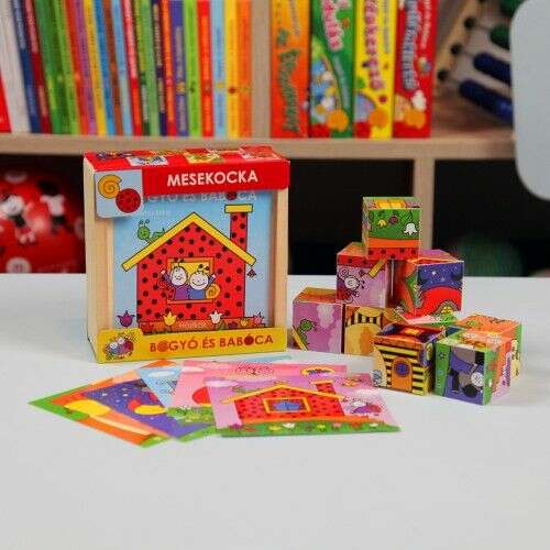 Bogyó és Babóca fa kirakós kocka házikókkal, 9 darabos