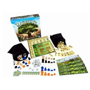 Renature társasjáték tartalma, beleértve a játéktáblát, a fa lapokat, az állat dominókat és más komponenseket - Gémklub