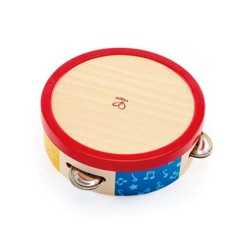 Hape Top-along Tambourine, wooden tambourine with red rim, colorful design, musical notes, for babies and toddlers