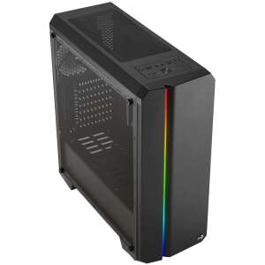 Angled view of AeroCool Genesis ARGB V1 Black PC Case with tempered glass side panel and RGB lighting - Genesis