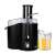 Adler AD 4127 black juicer with a glass of orange juice