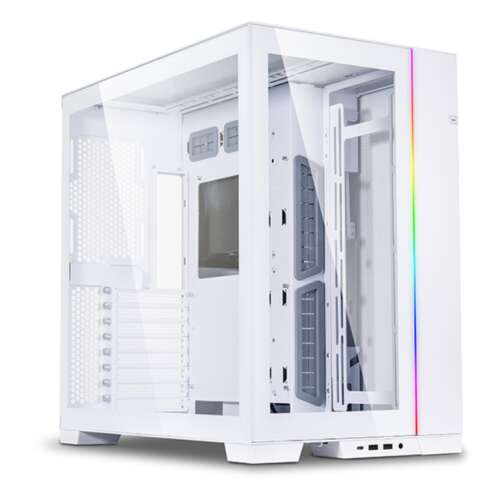 Lian Li O11 Dynamic EVO számítógépház, fehér, ferde nézet, edzett üveg oldalsó panelt, RGB világítást és elülső panelt mutat - Lian Li