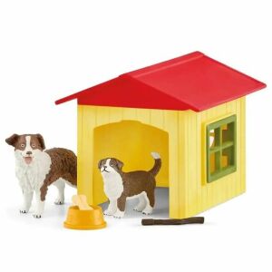Schleich Farm World dog house playset with Australian Shepherd figures, food bowl, and toy bone - Schleich