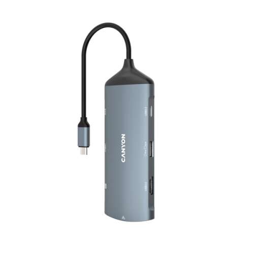 Hub USB-C Canyon DS-15 z 8 portami, srebrny, widok pod kątem