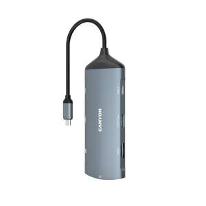 Canyon DS-15 8-портов USB-C хъб, сребърен, ъглов изглед - Canyon