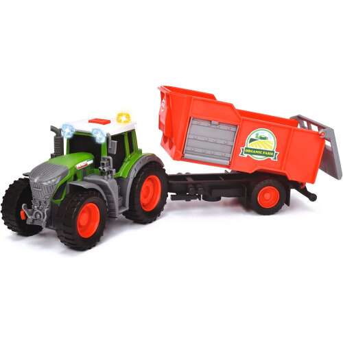 Dickie Toys Fendt Farm tractor with trailer, toy tractor with trailer, farm toy tractor, toy tractor for kids, green tractor with trailer, red trailer, toy tractor with lights and sounds