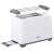Angled view of Adler AD3216 white toaster with bun warmer rack and crumb tray.