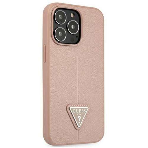 Guess Saffiano Triangle iPhone 13 Pro Max Hülle, rosa mit Guess Logo