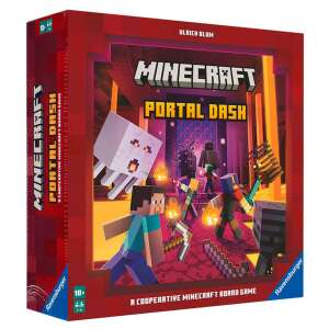 Minecraft Portal Dash társasjáték doboza, piros háttérrel, Minecraft karakterekkel és a játék címével - Ravensburger
