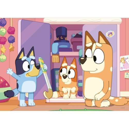 Bluey und ihre Familie spielen im Wohnzimmer, aus dem Lisciani Bluey 60-teiligen doppelseitigen Puzzle
