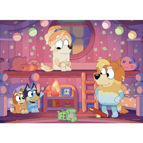 A Bluey rajzfilmfigurái egy hálószobai jelenetben, a Lisciani 24 darabos kétoldalas puzzle-ből