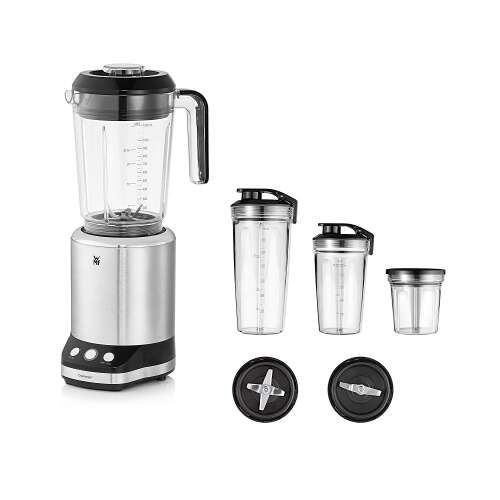 Blender WMF Kult X cu accesorii, inclusiv două sticle to-go, un bol mic de amestecare, două capace pentru băut, un capac de depozitare și un bol de amestecare cu capac și deschidere pentru umplere