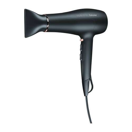 Beurer HC 50 DC hair dryer, black with rose gold accents, angled view