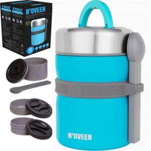 N'oveen TB963 2000ml Termos Obiadowy - Niebieski, stal nierdzewna, podwójne ścianki, z 3 pojemnikami, łyżka w zestawie - Nośnik żywności i napojów