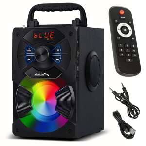 Audiocore AC730 portable Bluetooth speaker with remote control, aux cable, and USB charging cable - Audio