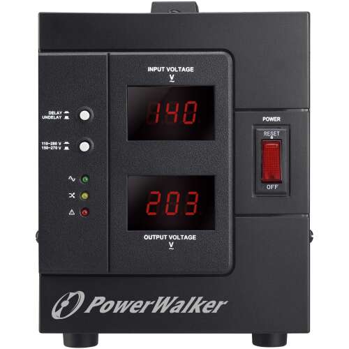 PowerWalker AVR 2000 SIV FR 2000VA / 1600W UPS, elülső nézet, digitális kijelzővel, bekapcsoló gombbal és PowerWalker logóval