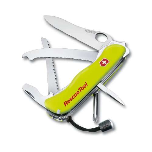 Cuțit multifuncțional de buzunar Victorinox Rescue Tool cu mâner galben, tăietor de centură de siguranță, spărgător de geamuri și spărgător de sticlă