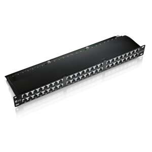 Equip 326448 19 inch 48 port Cat6 patch panel, black, angled view - Equip