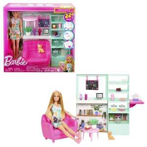Zestaw do zabawy Barbie Tea Shop z lalką, meblami i akcesoriami, pokazujący zestaw z różnych perspektyw - Mattel