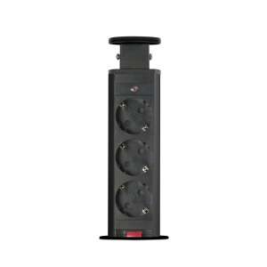 Black pop up power socket with 3 outlets, retractable, for desk or countertop - Delight Power Strip
