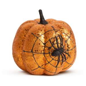 Orange glitter pumpkin Halloween decoration with spider web and spider, 15 cm - Halloween decoration