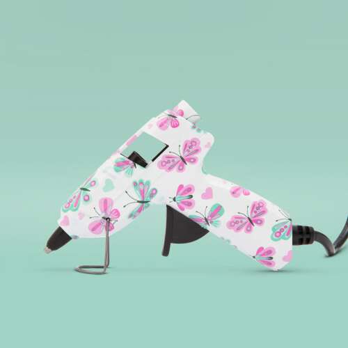 Fehér ragasztópisztoly pillangó mintával, 15W, 7mm, kézműveskedéshez és barkácsoláshoz