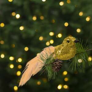 Gold glitter bird Christmas tree ornament with peach feather tail - Christmas tree ornament