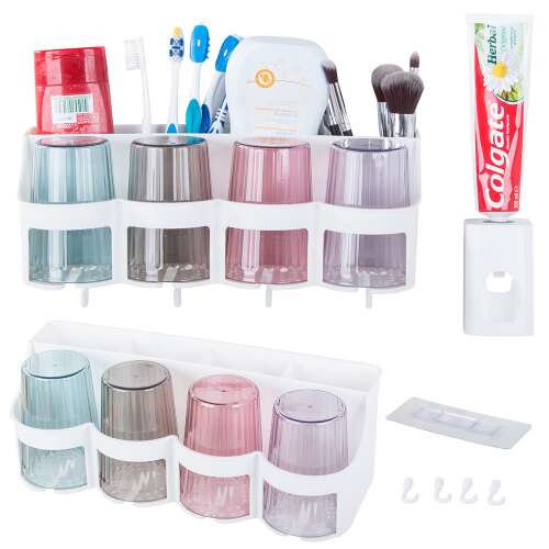 VG-24188 - 4-Piece Toothbrush Cup Set with Holder and Automatic Toothpaste Dispenser