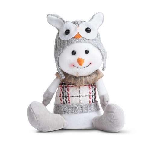 Sitting snowman Christmas decoration with an owl hat, 30 x 20 x 14 cm
