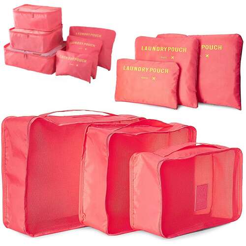 6 piece travel organizer set, pink, for clothes, shoes, toiletries, and dirty laundry