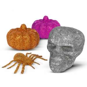 Halloween decorations set with a skull, spider and two pumpkins, all with glitter - Halloween decoration