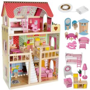 XXL Wooden Dollhouse with Furniture - Three-Story Dollhouse with LED Lights - Dollhouse