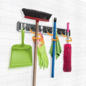 Handy Magic Holder wall mounted broom and mop organizer with 4 hooks and 3 slots for tools, grey - Tool
